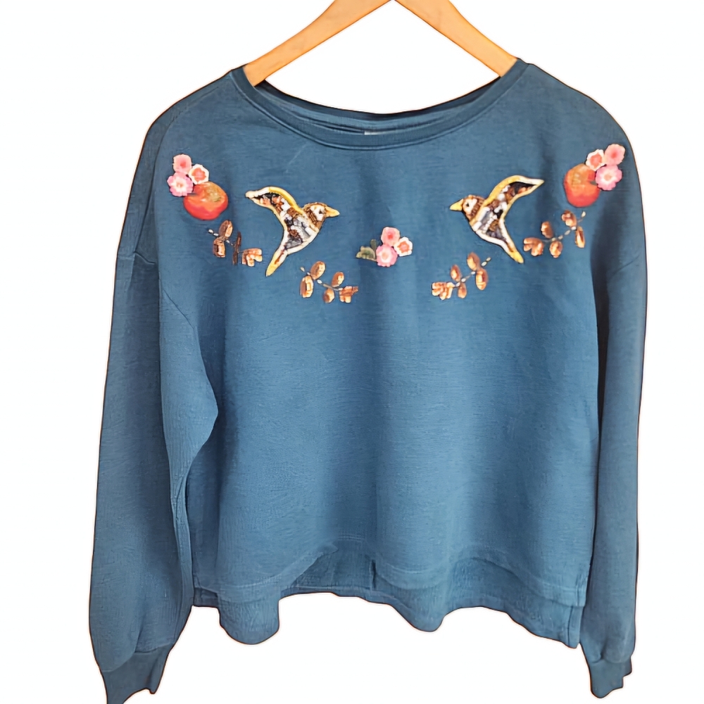 Disney by Lauren Conrad M Coquette Blue Sequin Floral Apple Hummingbird Top